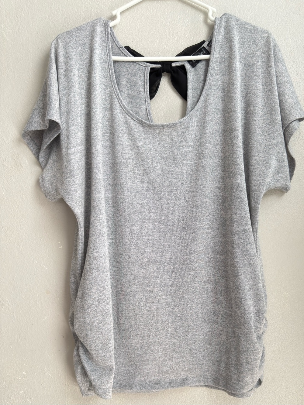 Tempted Light Gray Scoop Neck Short Sleeve Top with Back Tie 1XL